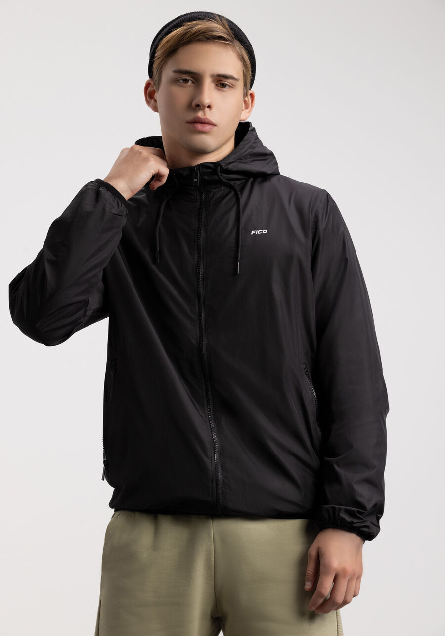 Jaqueta Com Capuz E Bolsos Corta Vento, PRETO REATIVO. Jaqueta Com Capuz E Bolsos Corta Vento, PRETO REATIVO, large.
