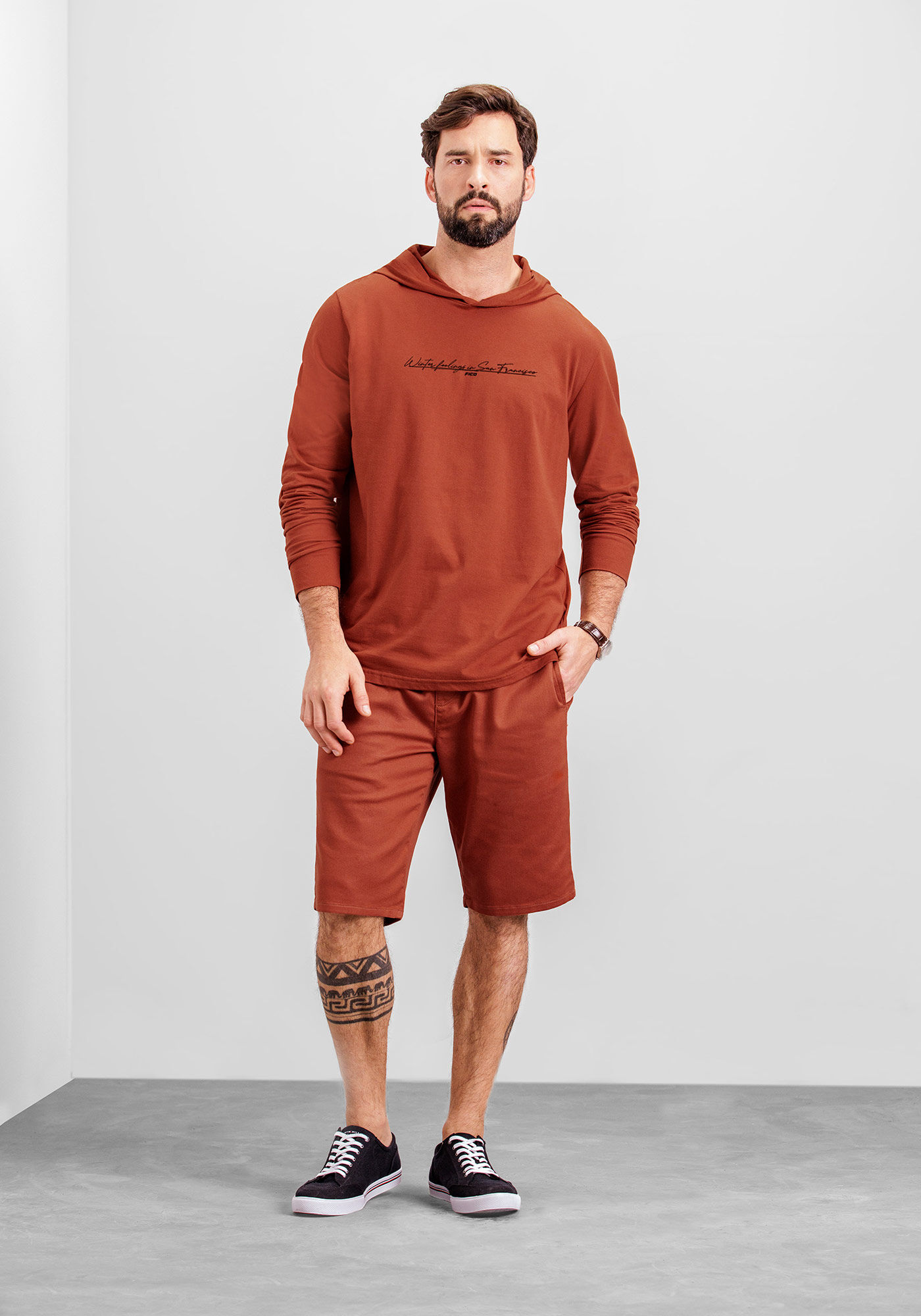 Camiseta Manga Longa Masculina com Capuz, LARANJA FERRUGEM, large.