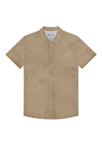 Camisa De Mangas Curtas Estampada Em Meia Malha Penteada, FOLHAS BEGE. Camisa De Mangas Curtas Estampada Em Meia Malha Penteada, FOLHAS BEGE, large.