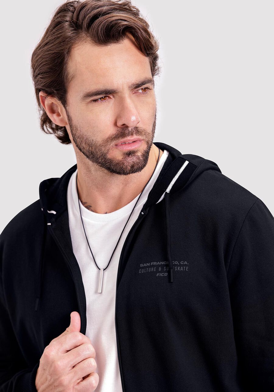 Jaqueta Masculina em Moletom com Retilínea Capuz, PRETO REATIVO. Jaqueta Masculina em Moletom com Retilínea Capuz, PRETO REATIVO, large.