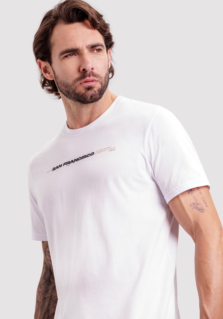 Camiseta Masculina em Malha com Detalhe Estampa, BRANCO, large.