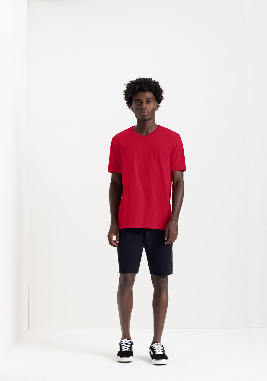 Camiseta Básica Com Gola V Em Meia Malha Penteada De Algodão, VERMELHO NATTY. Camiseta Básica Com Gola V Em Meia Malha Penteada De Algodão, VERMELHO NATTY, large.