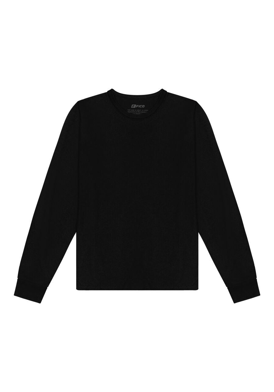 Camiseta De Mangas Longas Básica Em Meia Malha De Algodão, PRETO REATIVO. Camiseta De Mangas Longas Básica Em Meia Malha De Algodão, PRETO REATIVO, large.
