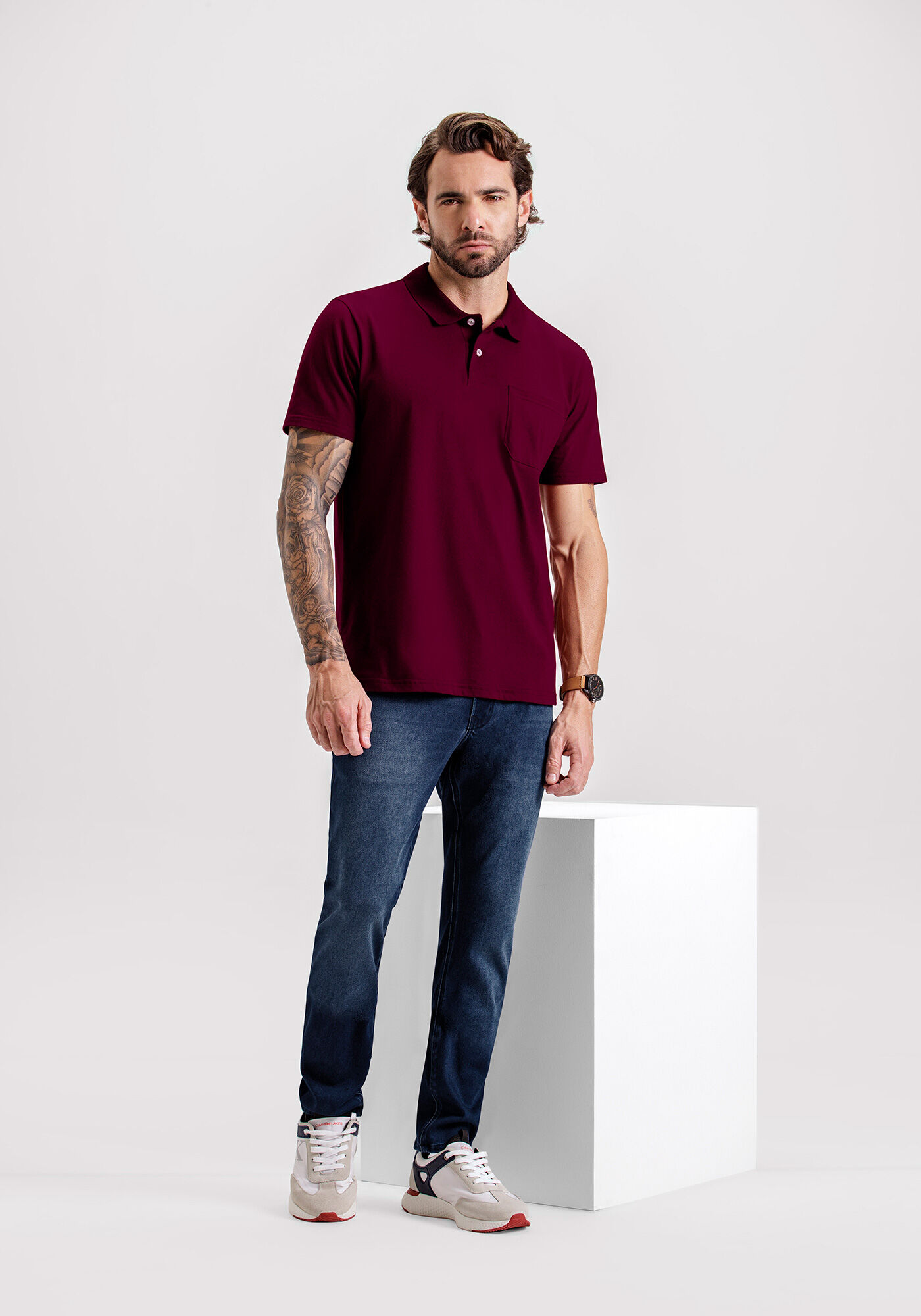 Camisa Polo Com Mangas Curtas E Bolso Em Meia Malha Penteada, BORDO WITCH, large.