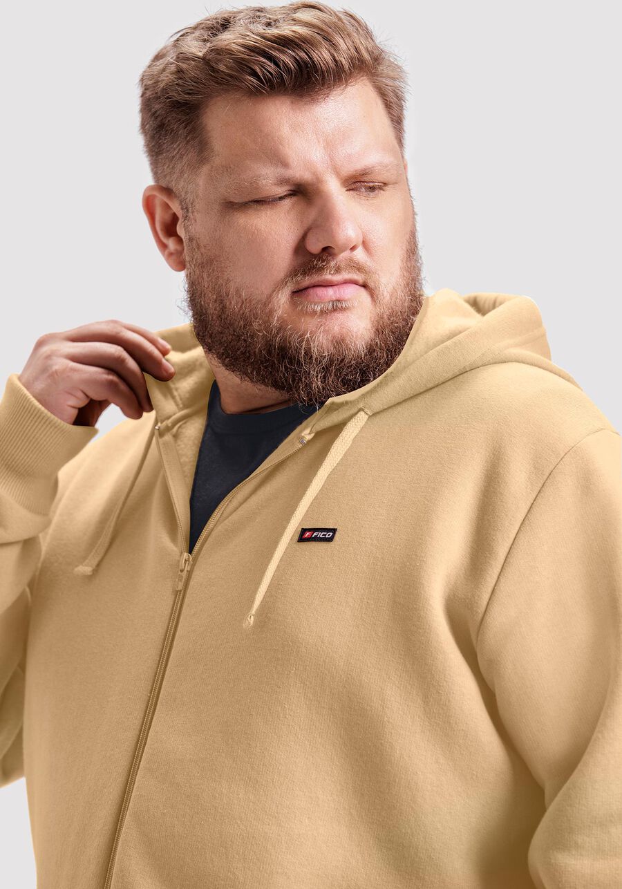 Jaqueta Plus Size Básica em Moletom com Capuz, BEGE SERGE. Jaqueta Plus Size Básica em Moletom com Capuz, BEGE SERGE, large.