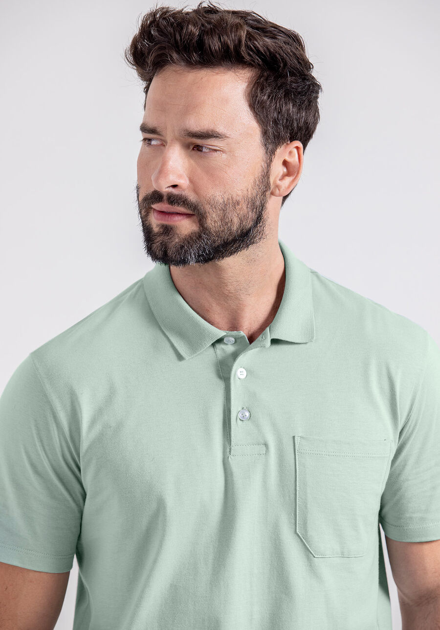 Camisa Polo Com Mangas Curtas E Bolso Em Meia Malha Penteada, VERDE GRAMME. Camisa Polo Com Mangas Curtas E Bolso Em Meia Malha Penteada, VERDE GRAMME, large.