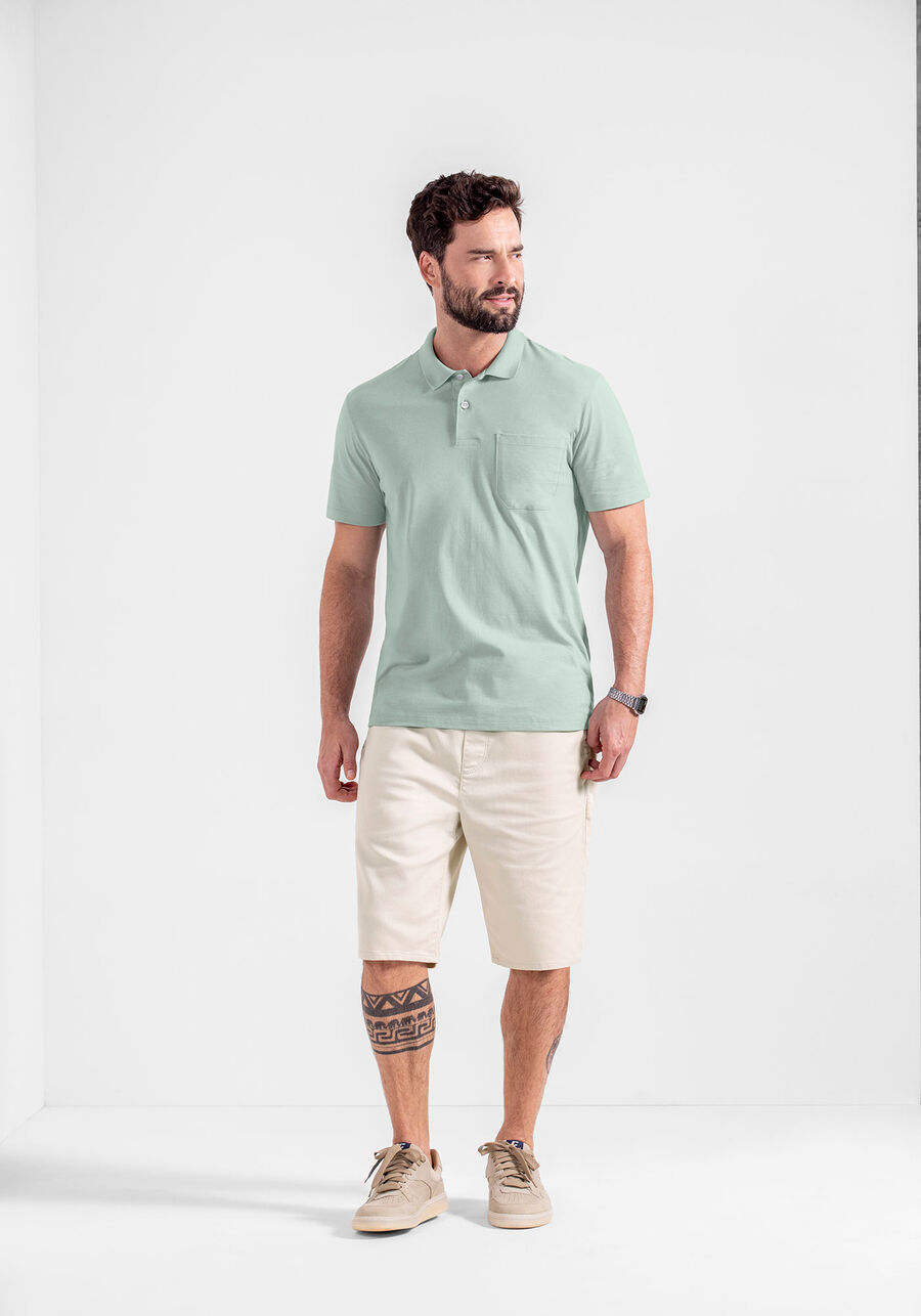 Camisa Polo Com Mangas Curtas E Bolso Em Meia Malha Penteada, VERDE GRAMME. Camisa Polo Com Mangas Curtas E Bolso Em Meia Malha Penteada, VERDE GRAMME, large.