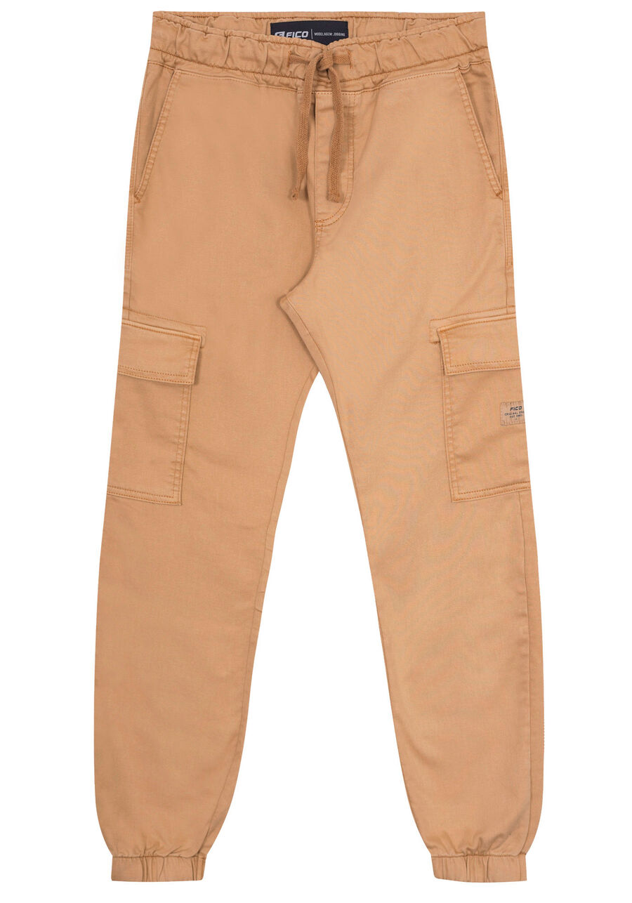 Calça Jogging Juvenil Com Bolso Cargo Em Denim Malha, BEGE TIGER. Calça Jogging Juvenil Com Bolso Cargo Em Denim Malha, BEGE TIGER, large.