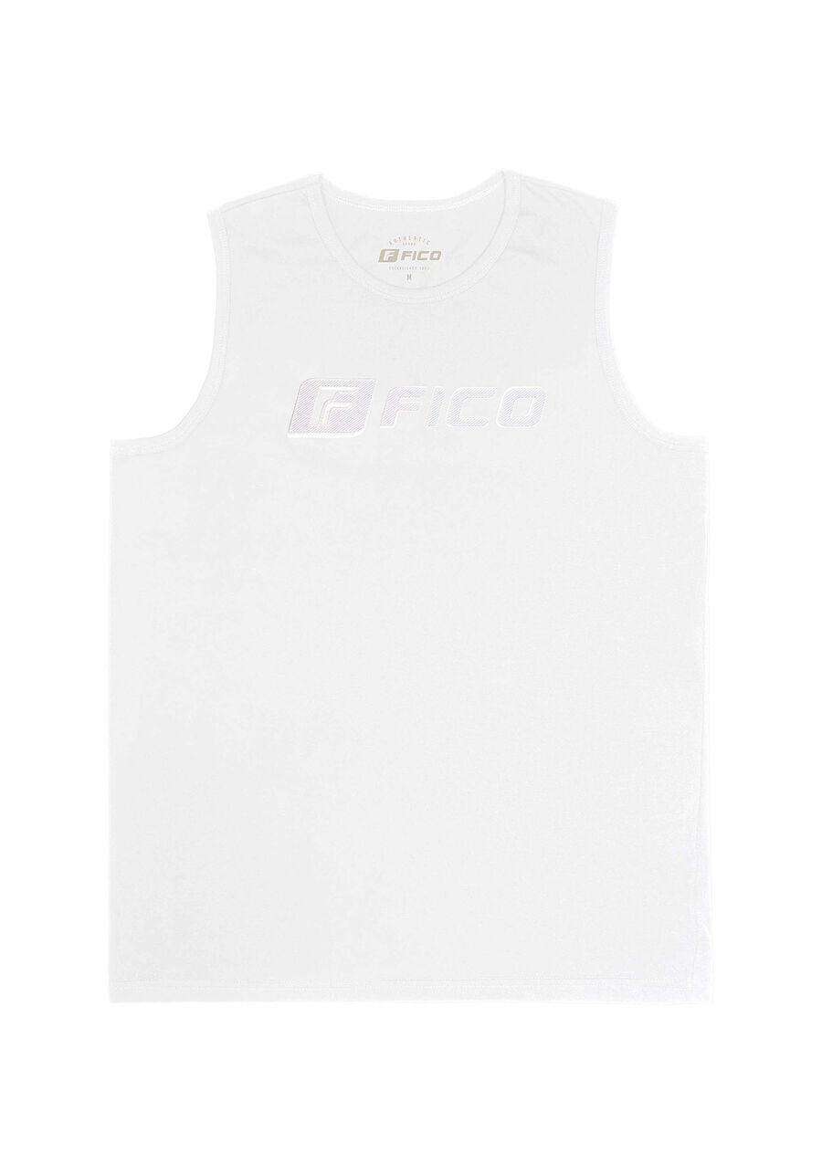 Regata Meia Malha Estampa FICO, BRANCO. Regata Meia Malha Estampa FICO, BRANCO, large.