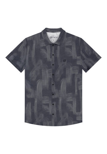 Camisa Estampada Masculina De Mangas Curtas Em Malha, PINCELADAS CINZA. Camisa Estampada Masculina De Mangas Curtas Em Malha, PINCELADAS CINZA, large.