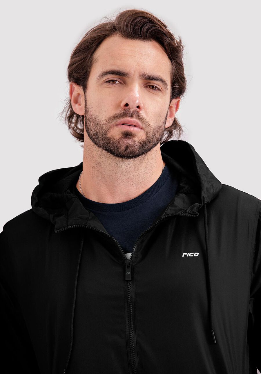 Jaqueta Com Capuz E Bolsos Corta Vento, PRETO REATIVO. Jaqueta Com Capuz E Bolsos Corta Vento, PRETO REATIVO, large.