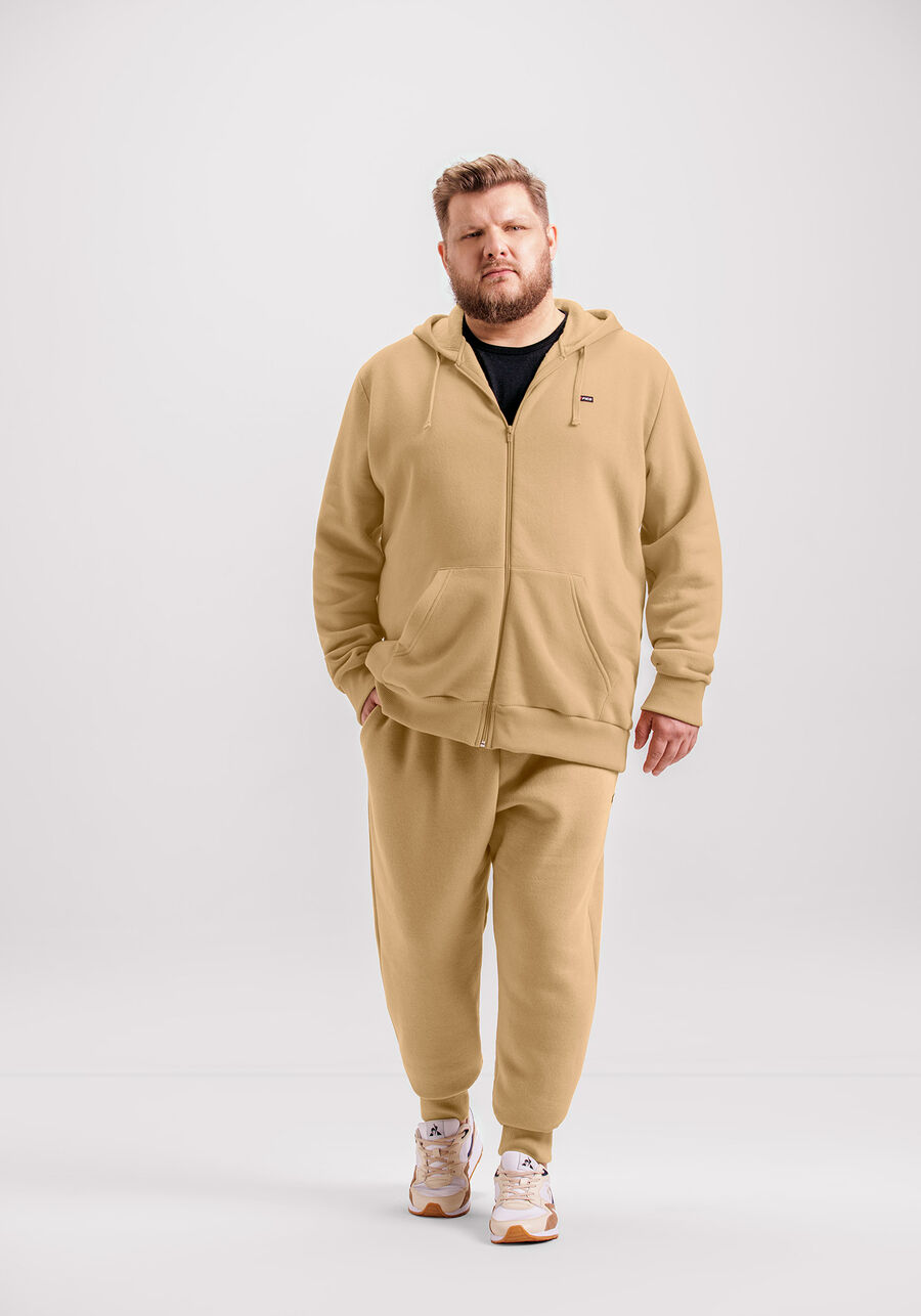 Jaqueta Plus Size Básica em Moletom com Capuz, BEGE SERGE, large.