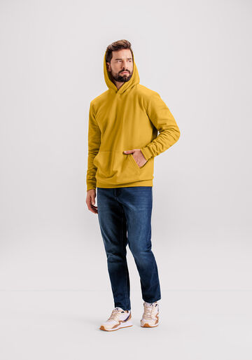 Blusão Básico Com Capuz Em Moletom Felpado De Algodão, AMARELO MOSTAZA. Blusão Básico Com Capuz Em Moletom Felpado De Algodão, AMARELO MOSTAZA, large.