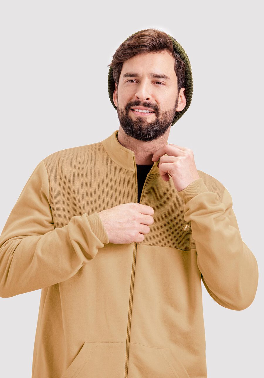 Jaqueta Bomber Masculina em Moletom com Recorte, BEGE SERGE. Jaqueta Bomber Masculina em Moletom com Recorte, BEGE SERGE, large.
