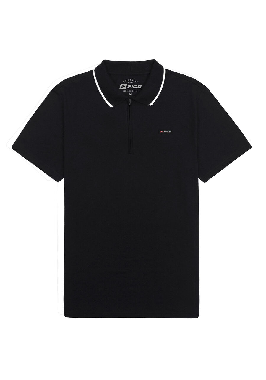 Camisa Polo Masculina em Malha com Zíper, PRETO REATIVO. Camisa Polo Masculina em Malha com Zíper, PRETO REATIVO, large.