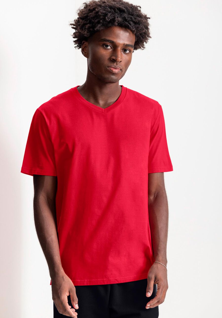 Camiseta Básica Com Gola V Em Meia Malha Penteada De Algodão, VERMELHO NATTY. Camiseta Básica Com Gola V Em Meia Malha Penteada De Algodão, VERMELHO NATTY, large.