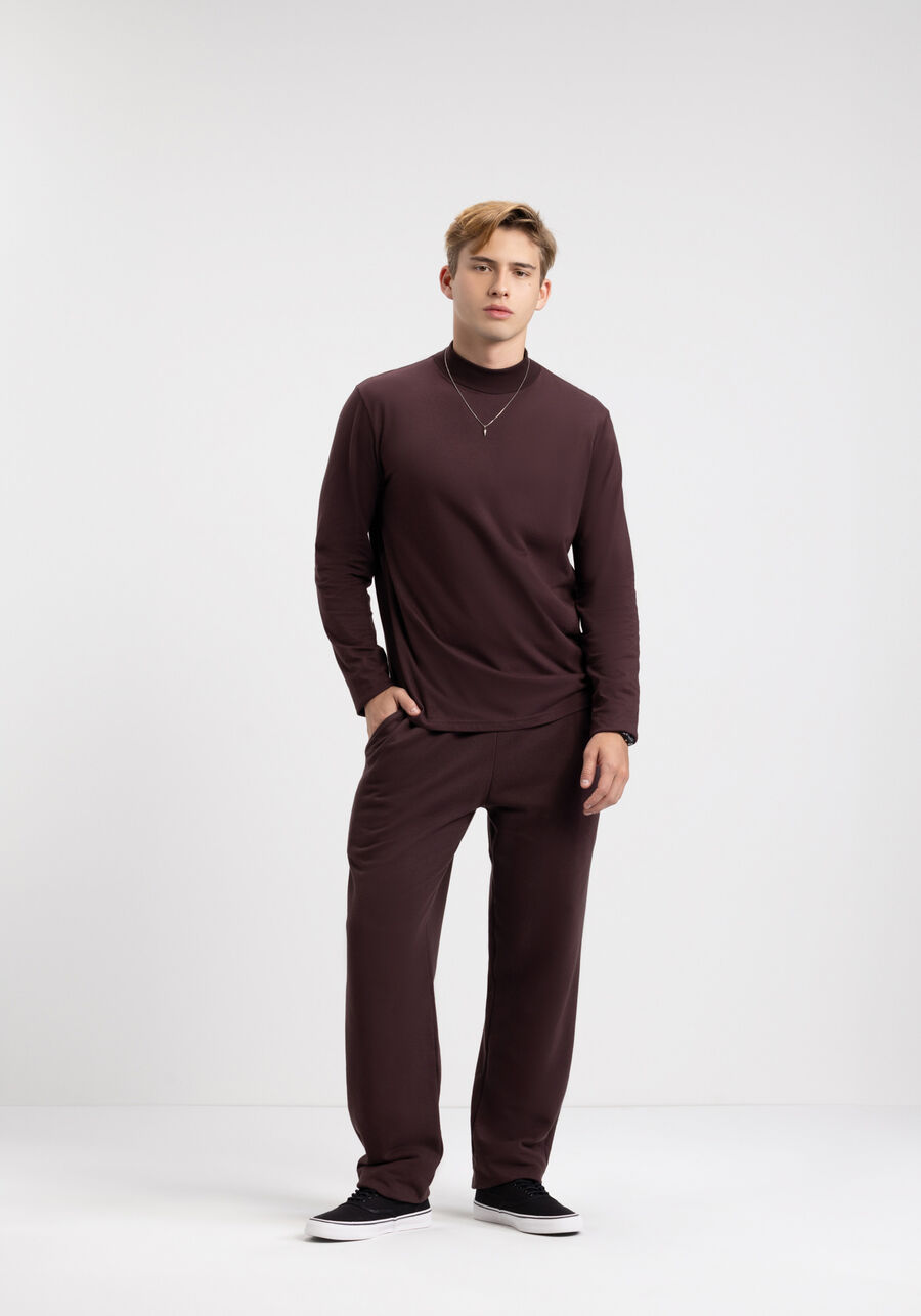 Camiseta De Manga Longa Com Gola Alta Em Meia Malha Penteada, MARROM EGGPLANT. Camiseta De Manga Longa Com Gola Alta Em Meia Malha Penteada, MARROM EGGPLANT, large.