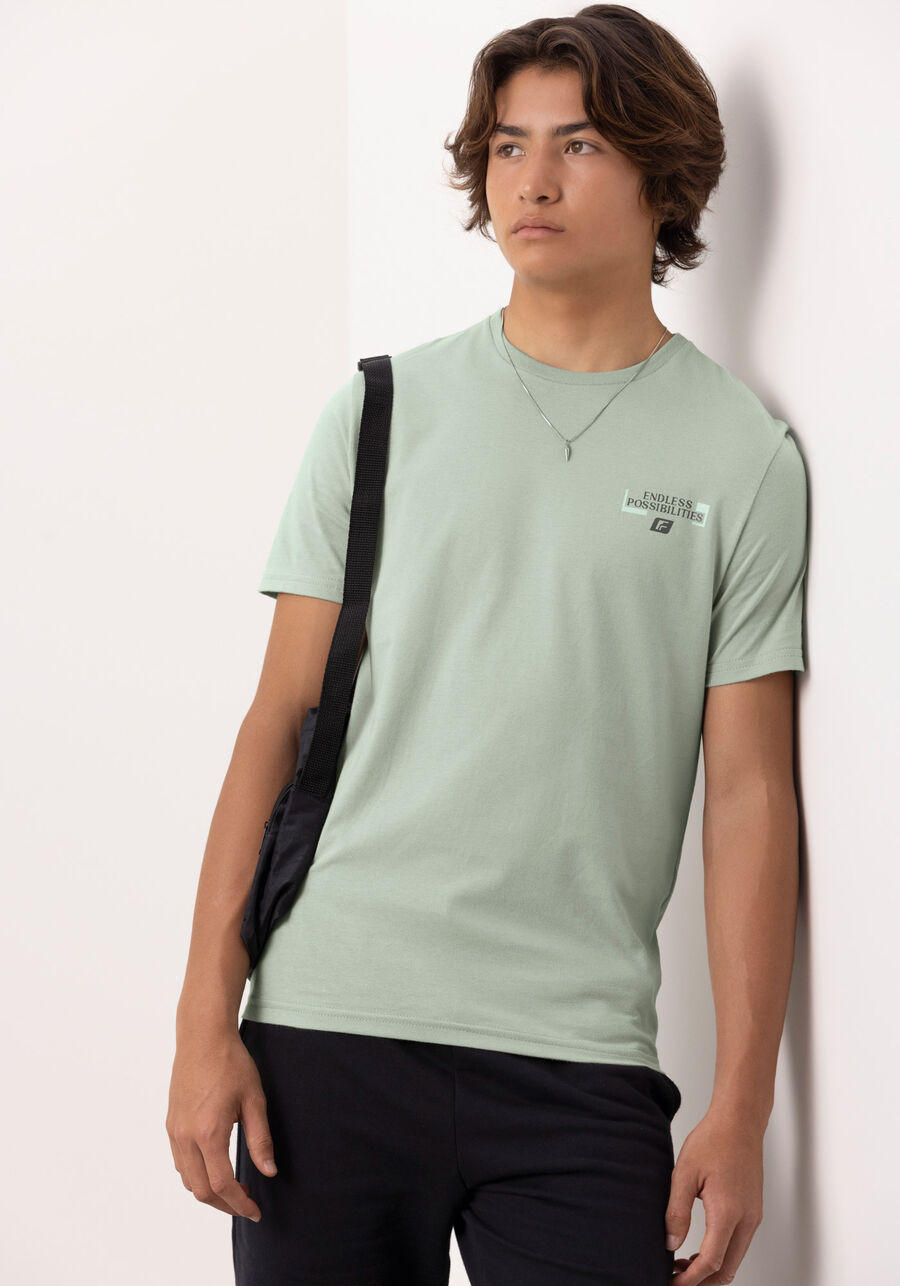 Camiseta Juvenil Com Estampa Frente E Costas Em Meia Malha, VERDE CHIARO. Camiseta Juvenil Com Estampa Frente E Costas Em Meia Malha, VERDE CHIARO, large.