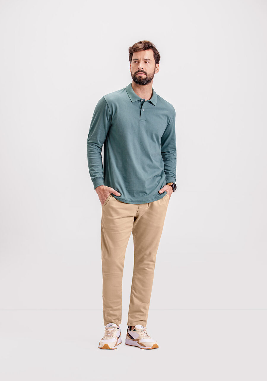 Camisa Polo De Manga Longa Em Meia Malha Penteada De Algodão, VERDE LIVE. Camisa Polo De Manga Longa Em Meia Malha Penteada De Algodão, VERDE LIVE, large.