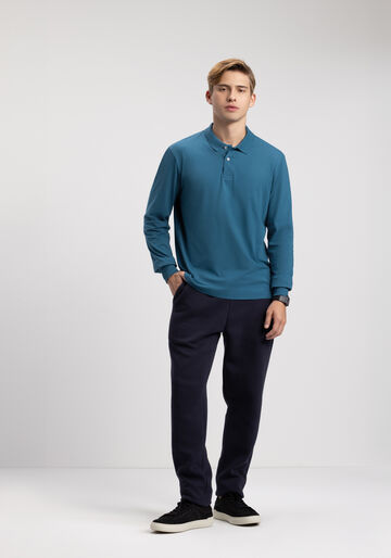 Camisa Polo De Manga Longa Em Meia Malha Penteada De Algodão, AZUL FRANCA. Camisa Polo De Manga Longa Em Meia Malha Penteada De Algodão, AZUL FRANCA, large.