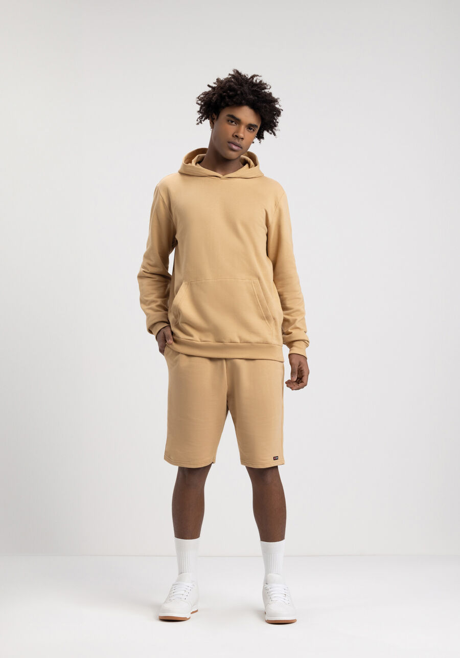 Blusão Básico Com Capuz Em Moletom Felpado De Algodão, BEGE TIGER. Blusão Básico Com Capuz Em Moletom Felpado De Algodão, BEGE TIGER, large.