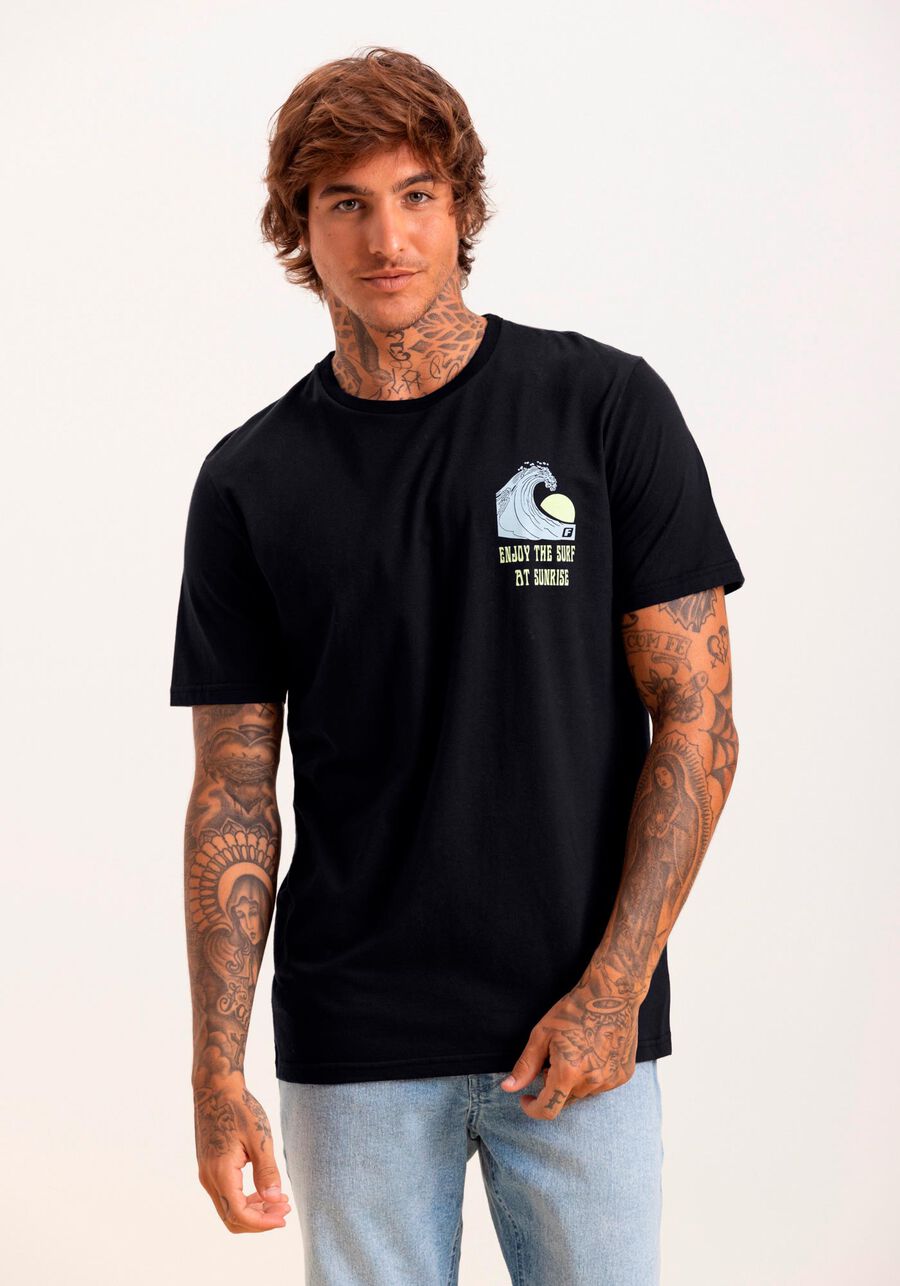Camiseta Com Estampas Em Meia Malha Penteada De Algodão, PRETO REATIVO. Camiseta Com Estampas Em Meia Malha Penteada De Algodão, PRETO REATIVO, large.