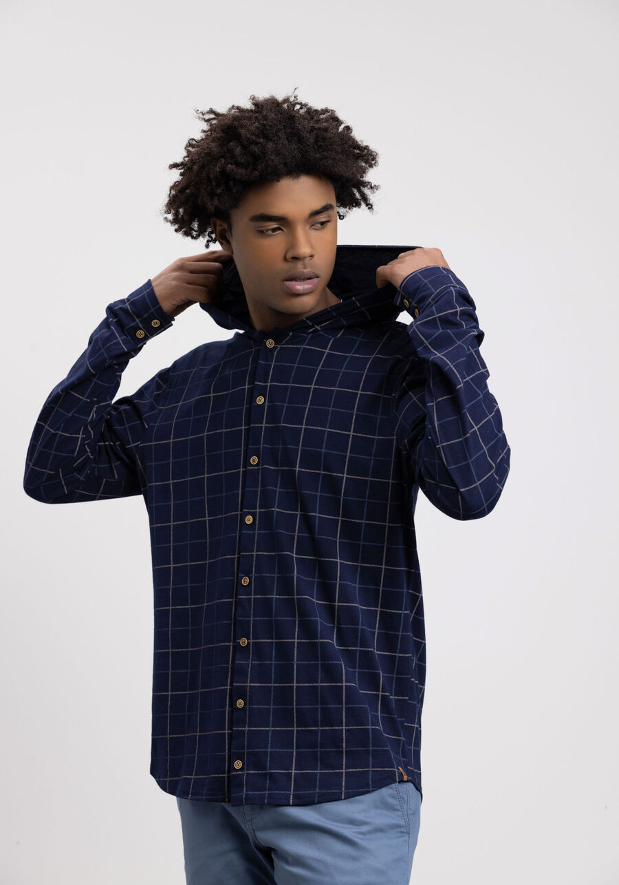 Camisa Xadrez Com Capuz Em Meia Malha Penteada De Algodão, XADREZ MARINHO. Camisa Xadrez Com Capuz Em Meia Malha Penteada De Algodão, XADREZ MARINHO, large.