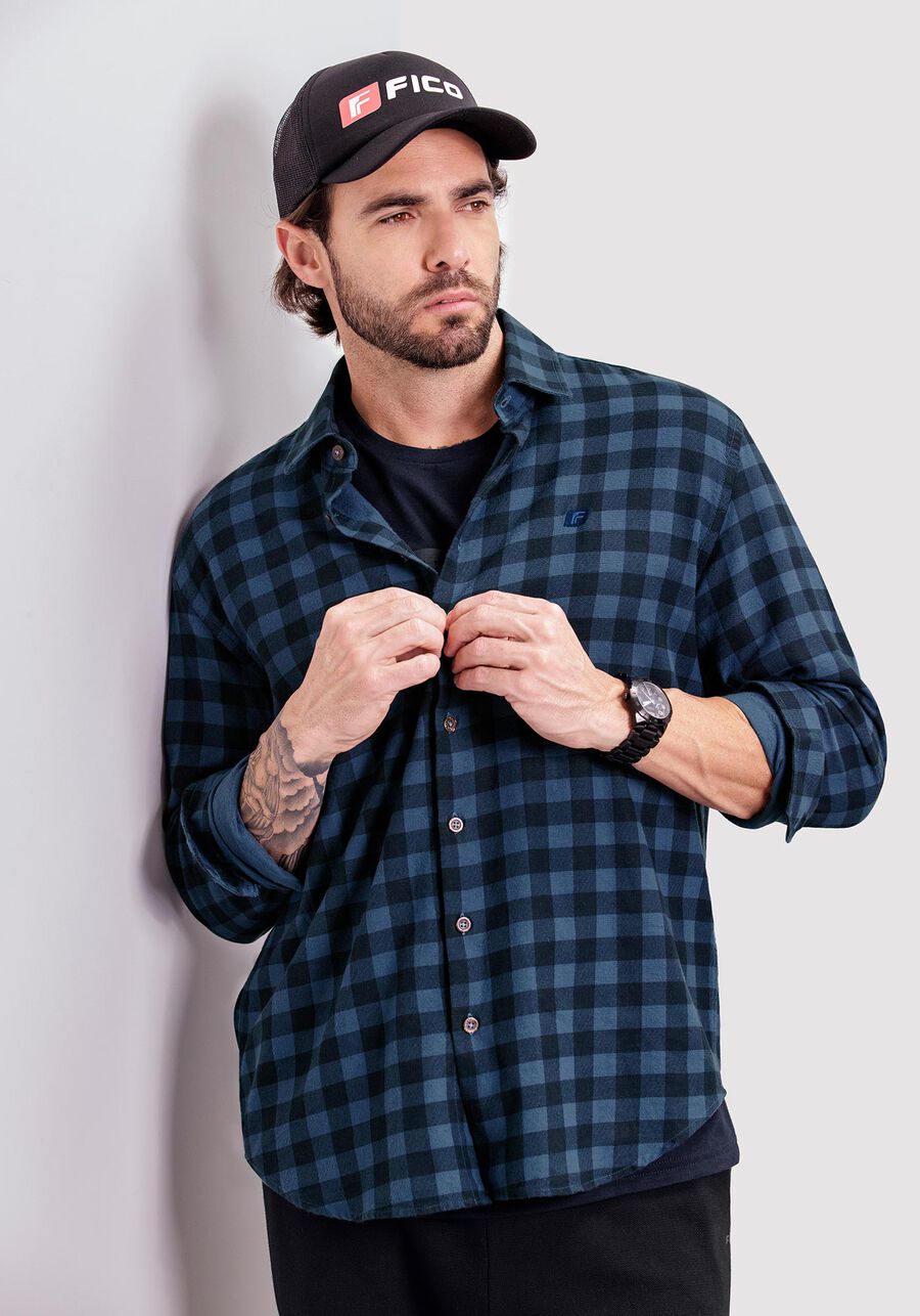 Camisa Masculina em Flanela Xadrez, AZUL SEED. Camisa Masculina em Flanela Xadrez, AZUL SEED, large.