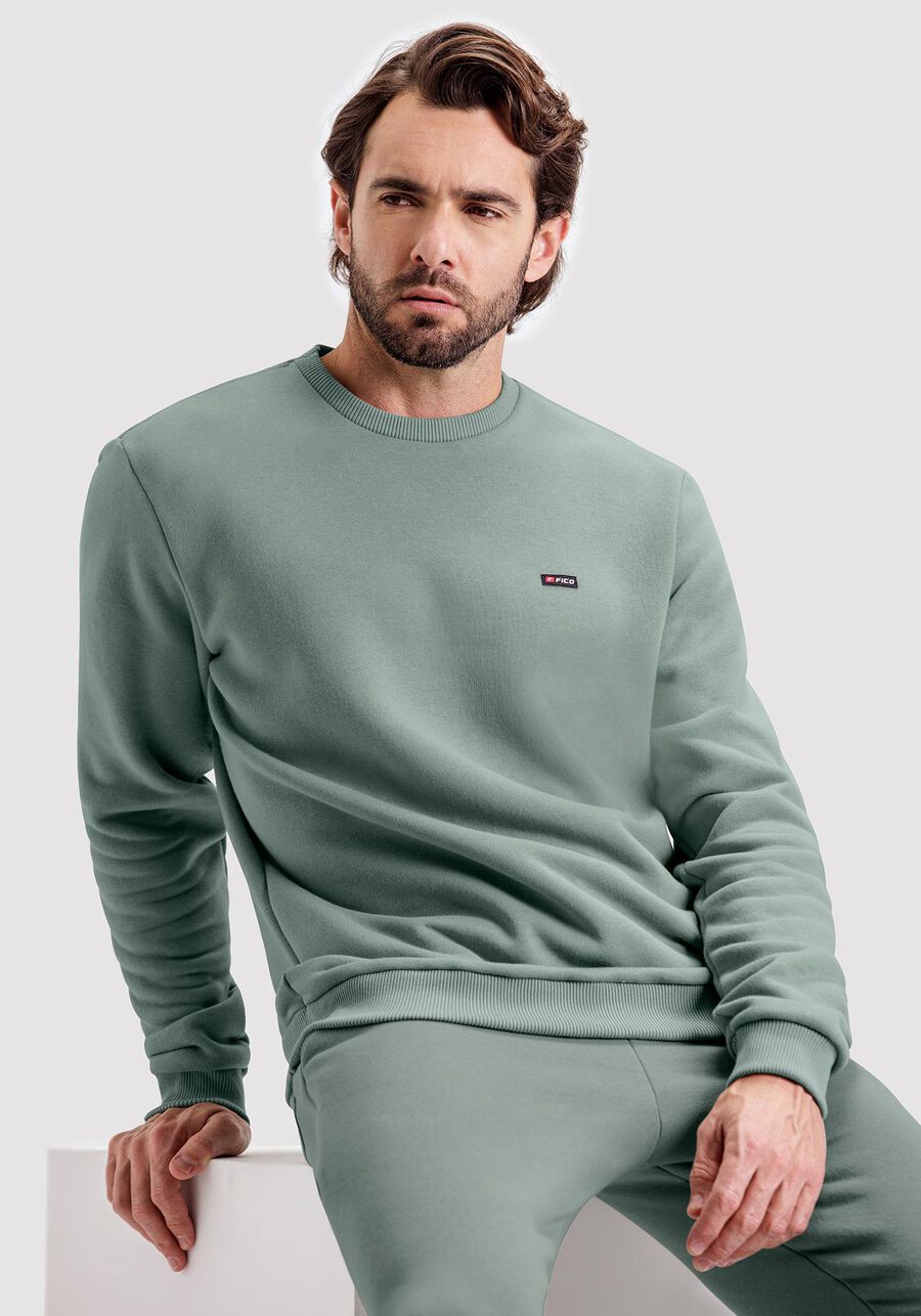 Blusão De Moletom Básico Com Gola Redonda, VERDE TEOS. Blusão De Moletom Básico Com Gola Redonda, VERDE TEOS, large.
