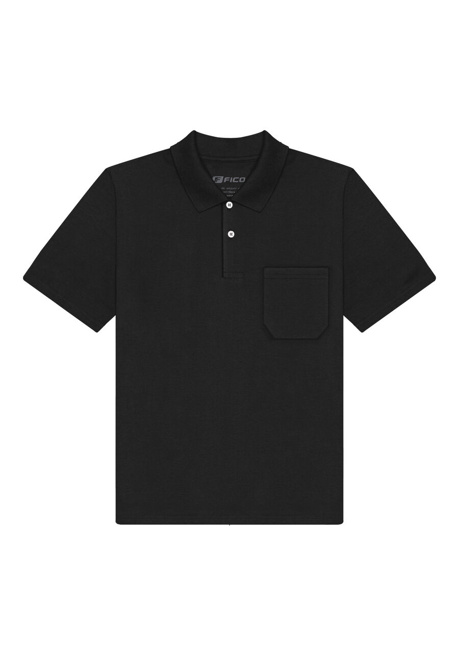 Camisa Polo Com Mangas Curtas E Bolso Em Meia Malha Penteada, PRETO REATIVO. Camisa Polo Com Mangas Curtas E Bolso Em Meia Malha Penteada, PRETO REATIVO, large.