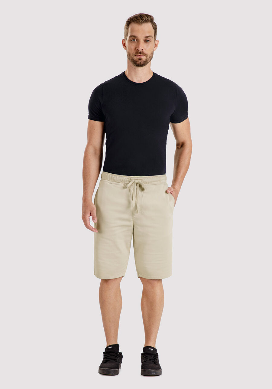 Bermuda Jogging Com Cadarço Em Sarja Com Elastano, BEGE AREIA. Bermuda Jogging Com Cadarço Em Sarja Com Elastano, BEGE AREIA, large.