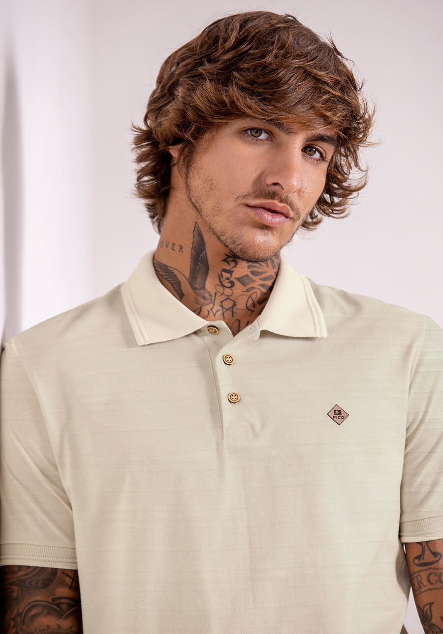 Camisa Polo Masculina em Malha Mesclada com Botões, BEGE SYSTEM. Camisa Polo Masculina em Malha Mesclada com Botões, BEGE SYSTEM, large.