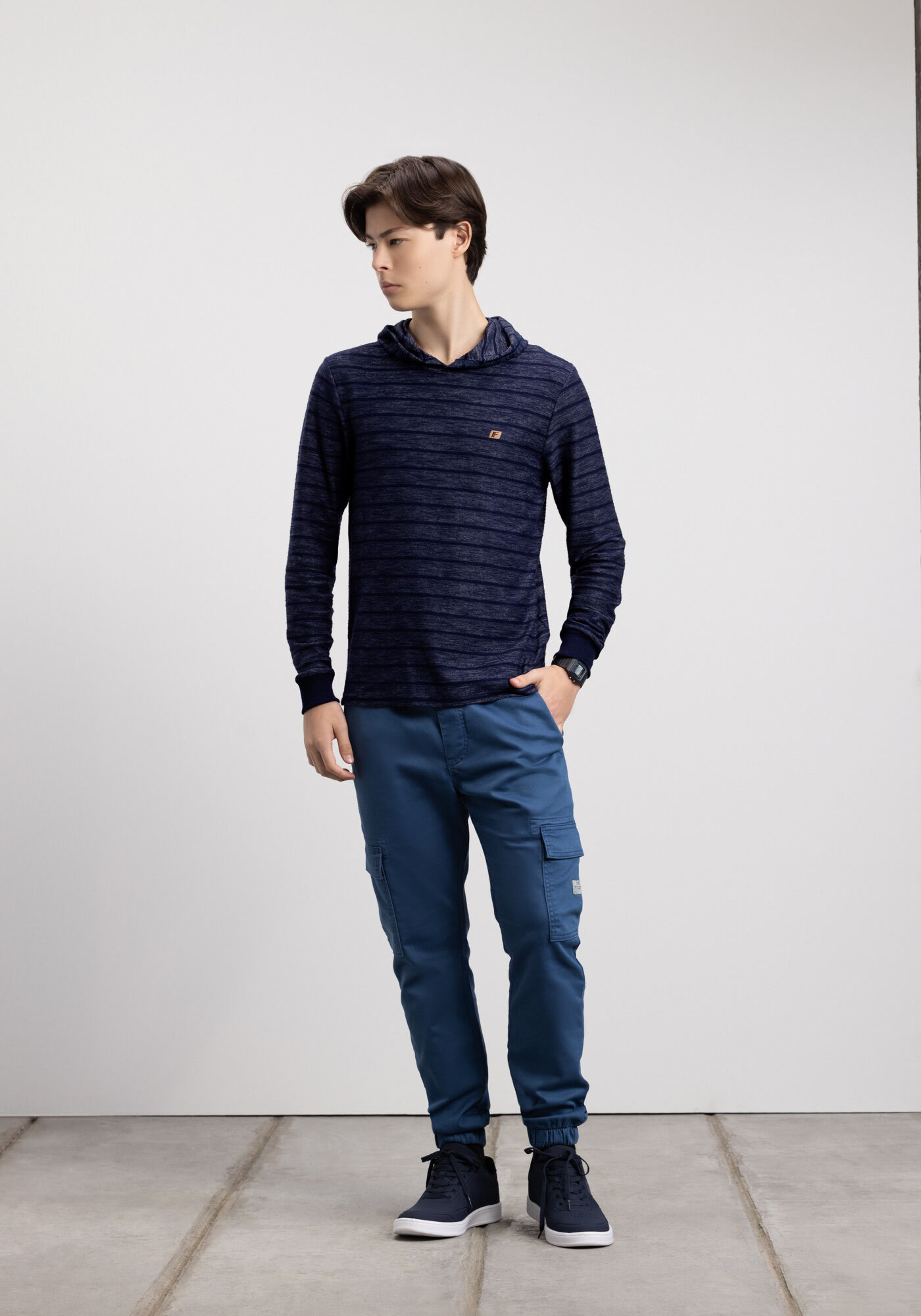 Blus&atilde;o Juvenil Com Capuz Em Malha Listrada, MARINHO ACTION, large.