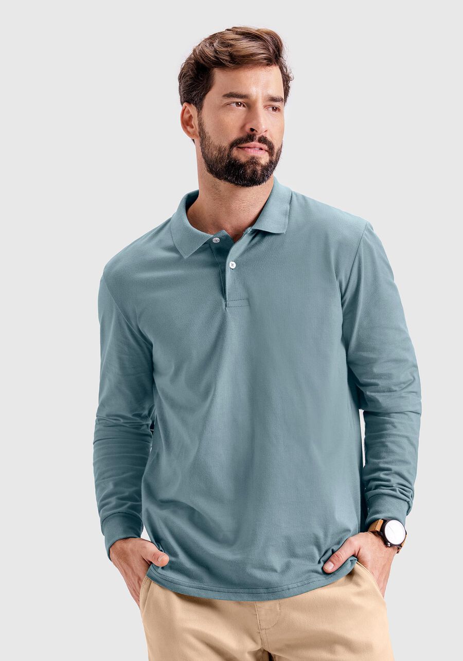 Camisa Polo De Manga Longa Em Meia Malha Penteada De Algodão, VERDE LIVE. Camisa Polo De Manga Longa Em Meia Malha Penteada De Algodão, VERDE LIVE, large.