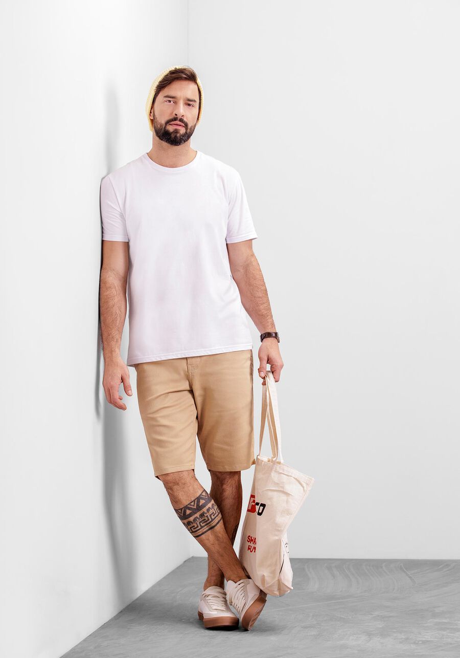 Bermuda Reta Com Cadarço Em Sarja Com Elastano, BEGE SERGE. Bermuda Reta Com Cadarço Em Sarja Com Elastano, BEGE SERGE, large.