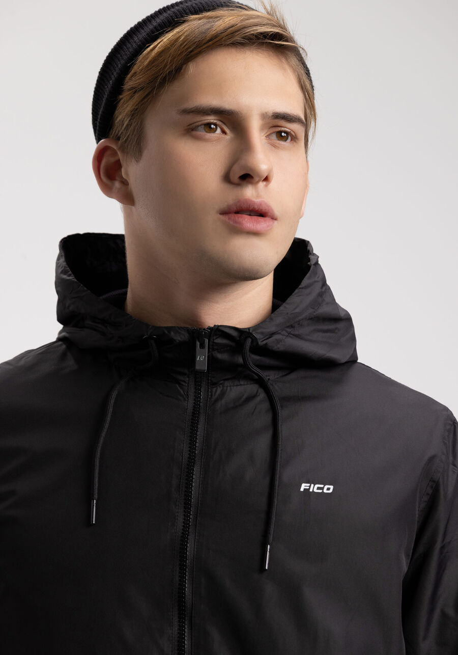 Jaqueta Com Capuz E Bolsos Corta Vento, PRETO REATIVO. Jaqueta Com Capuz E Bolsos Corta Vento, PRETO REATIVO, large.