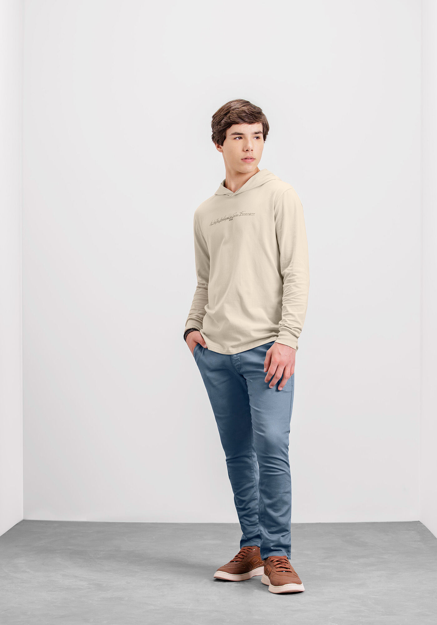 Camiseta Manga Longa Juvenil com Capuz, BEGE SYSTEM, large.