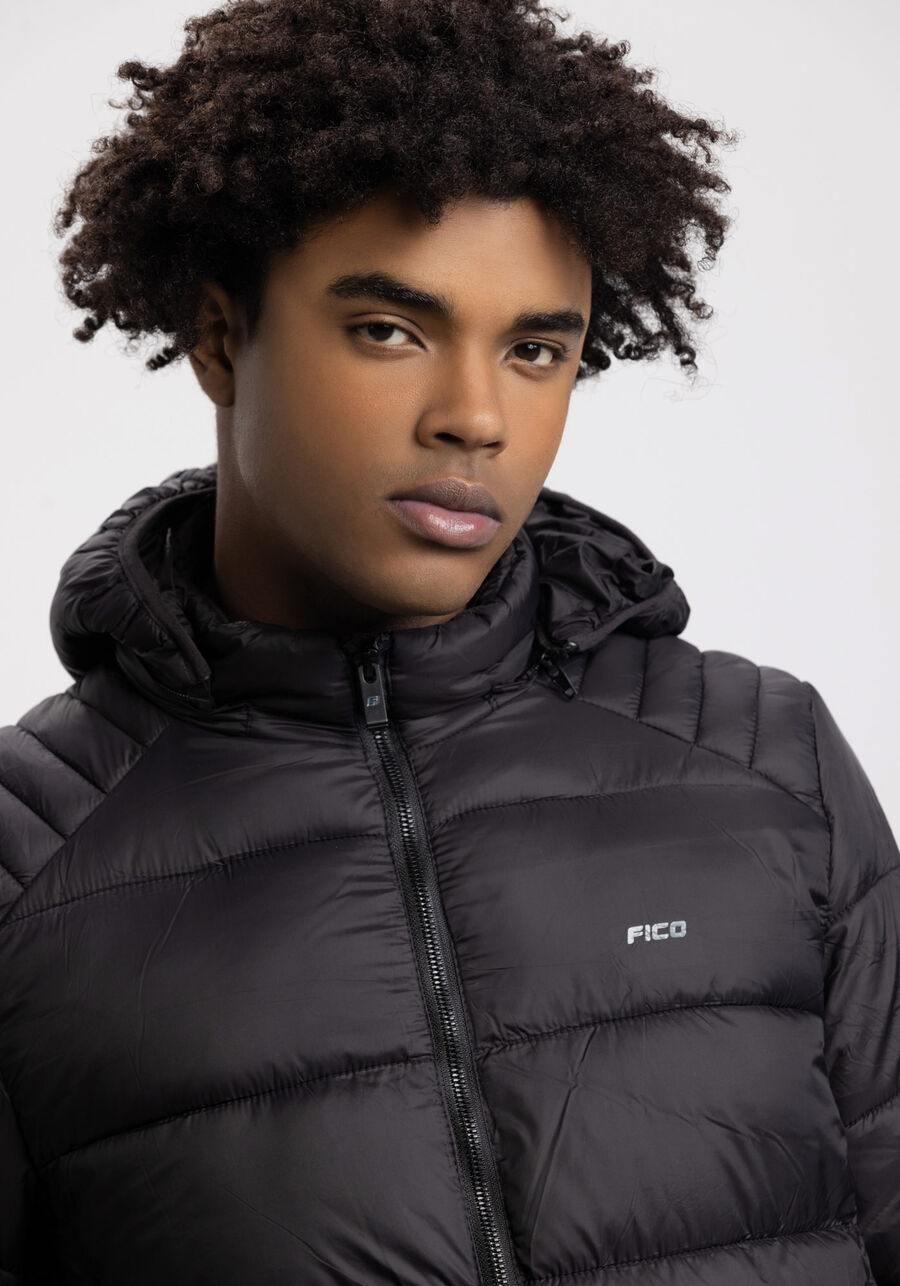 Jaqueta Puffer Com Capuz Removível Em Nylon, PRETO REATIVO. Jaqueta Puffer Com Capuz Removível Em Nylon, PRETO REATIVO, large.