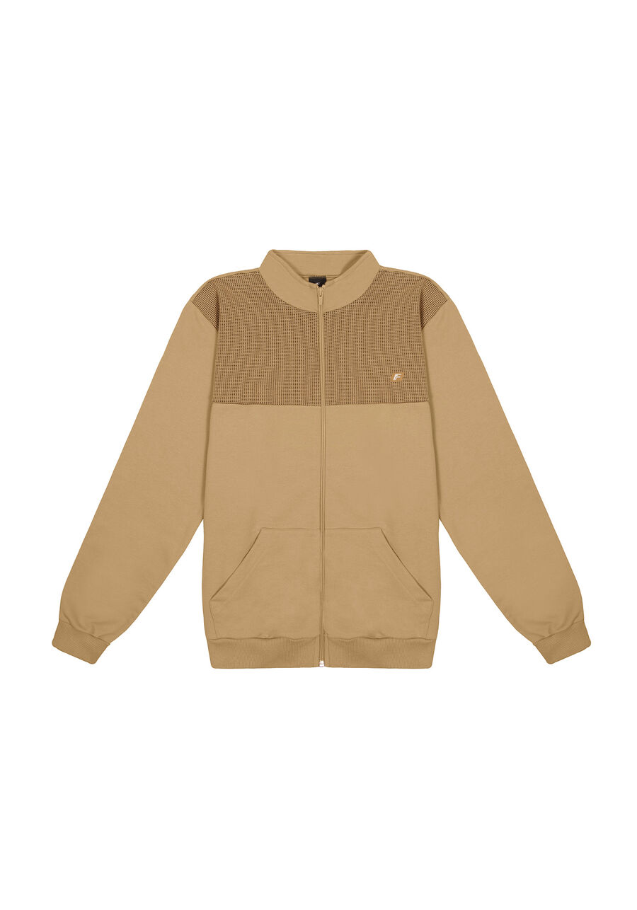 Jaqueta Bomber Masculina em Moletom com Recorte, BEGE SERGE. Jaqueta Bomber Masculina em Moletom com Recorte, BEGE SERGE, large.