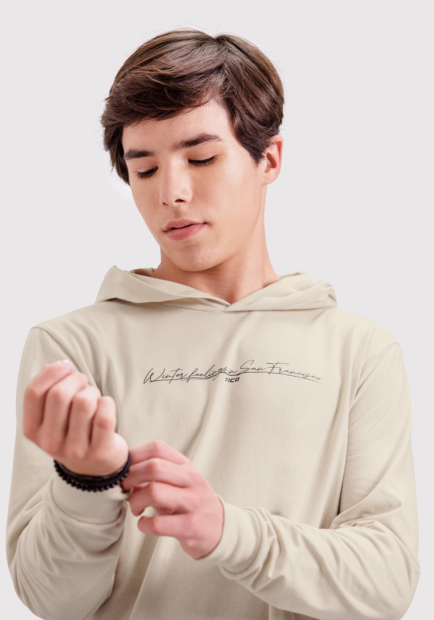 Camiseta Manga Longa Juvenil com Capuz, BEGE SYSTEM, large.