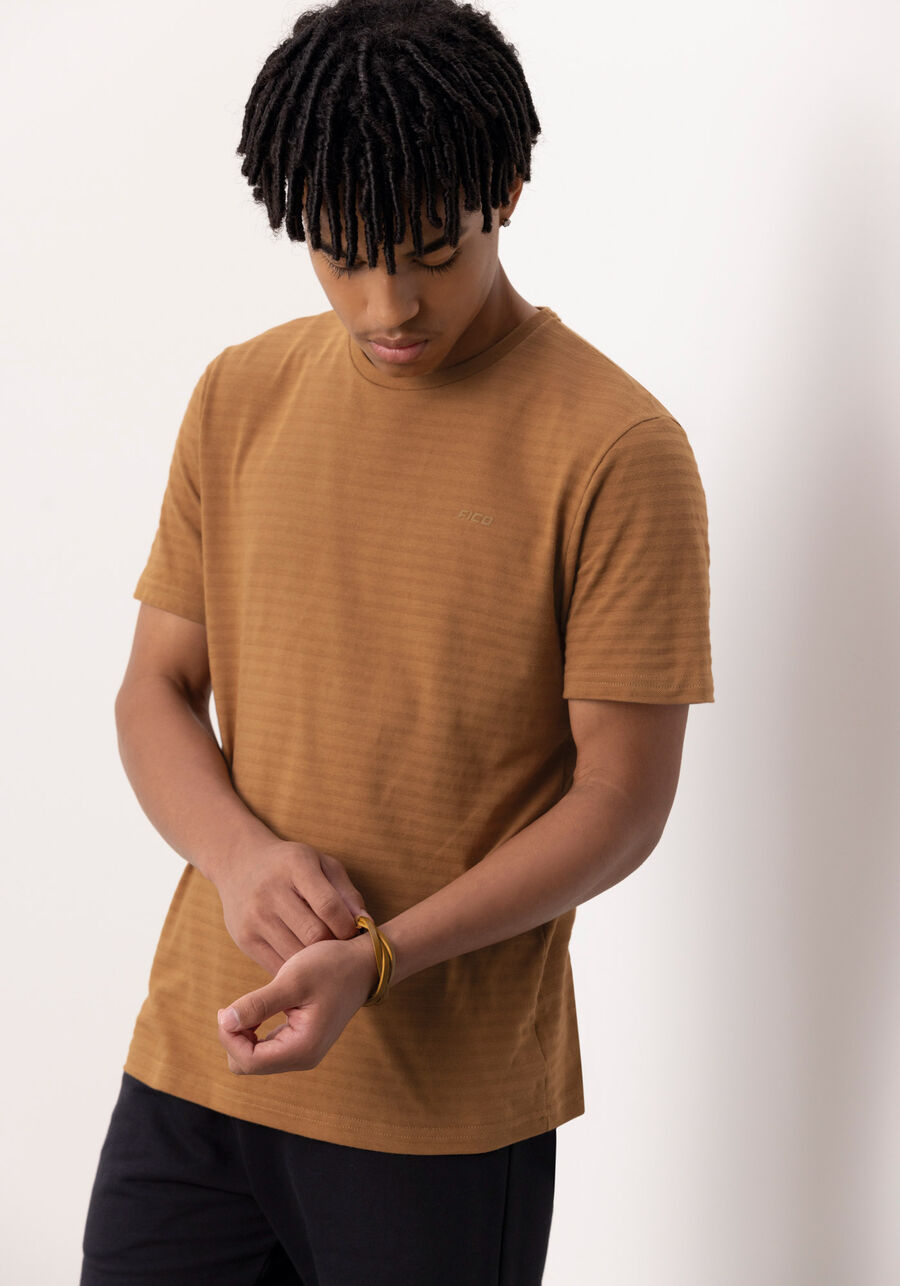 Camiseta Juvenil De Mangas Curtas Em Malha Texturizada, MARROM GODIVA. Camiseta Juvenil De Mangas Curtas Em Malha Texturizada, MARROM GODIVA, large.