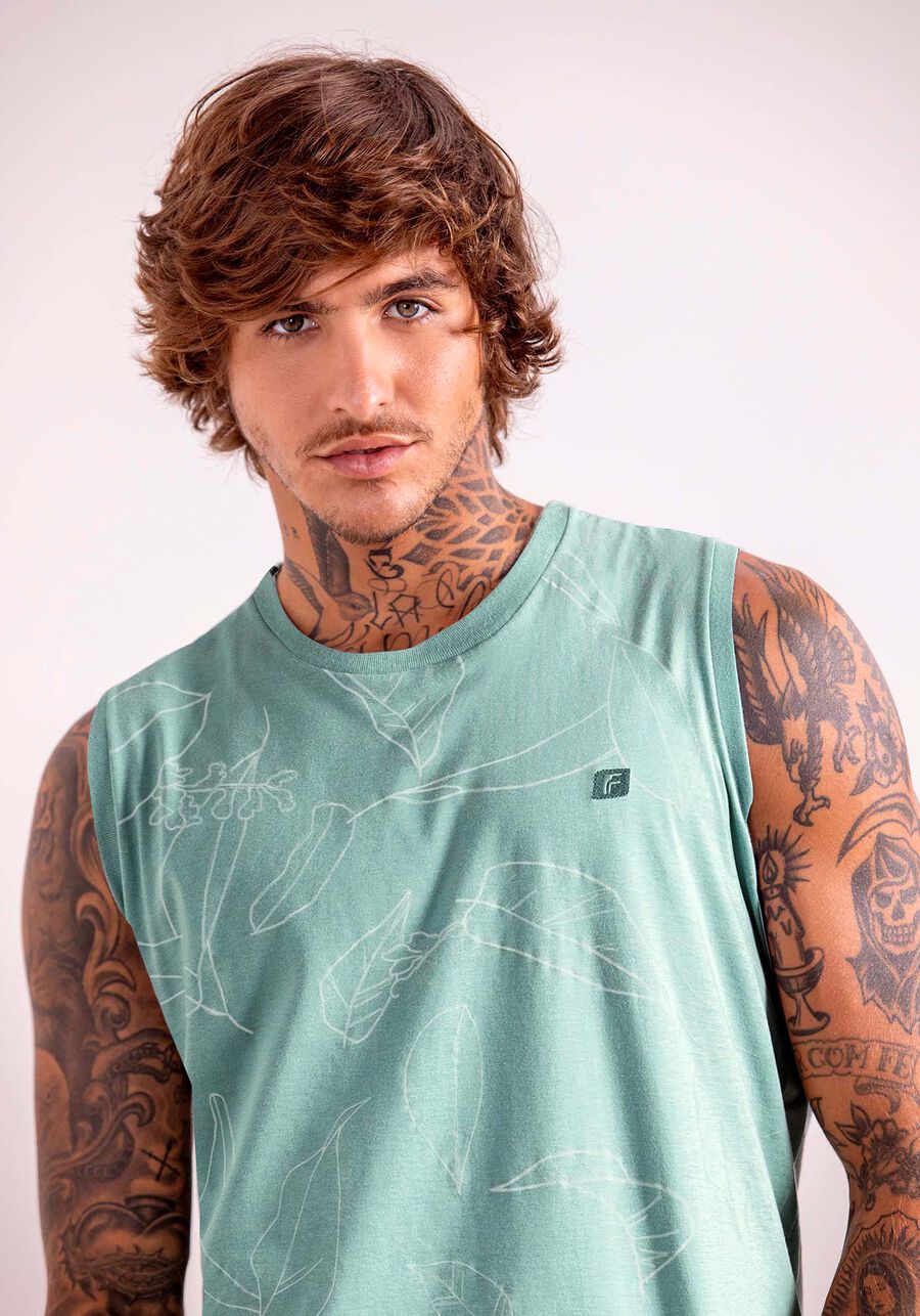 Regata Masculina em Malha com Estampa Folhas, LA BOCANA VERDE. Regata Masculina em Malha com Estampa Folhas, LA BOCANA VERDE, large.