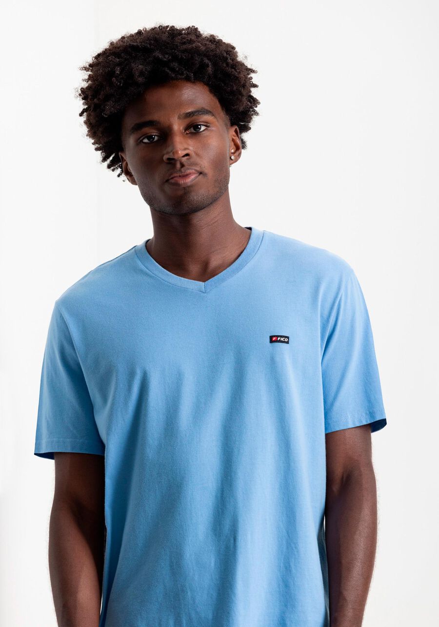 Camiseta De Mangas Curtas Com Gola V Em Meia Malha Penteada, AZUL BRUMA. Camiseta De Mangas Curtas Com Gola V Em Meia Malha Penteada, AZUL BRUMA, large.