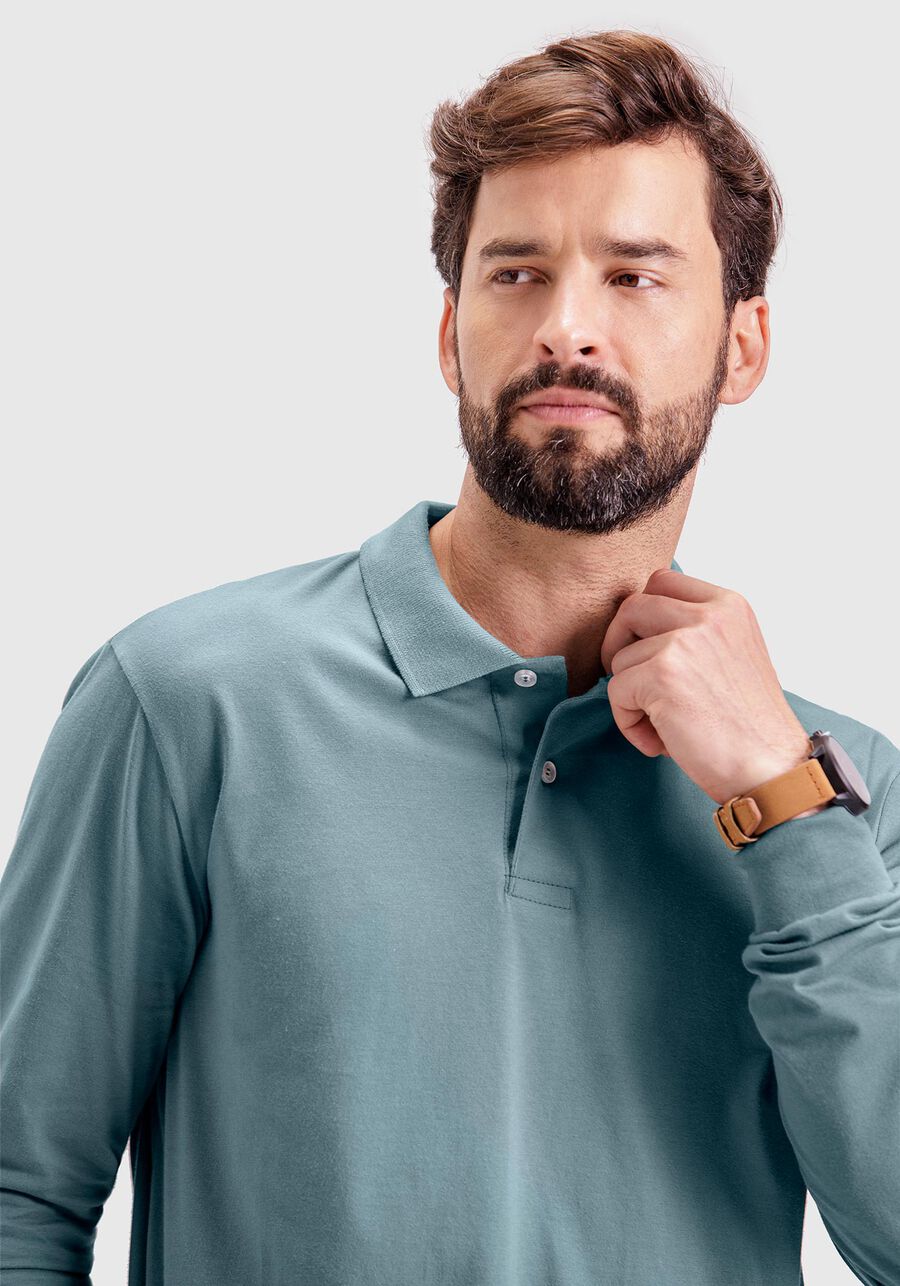Camisa Polo De Manga Longa Em Meia Malha Penteada De Algodão, VERDE LIVE. Camisa Polo De Manga Longa Em Meia Malha Penteada De Algodão, VERDE LIVE, large.