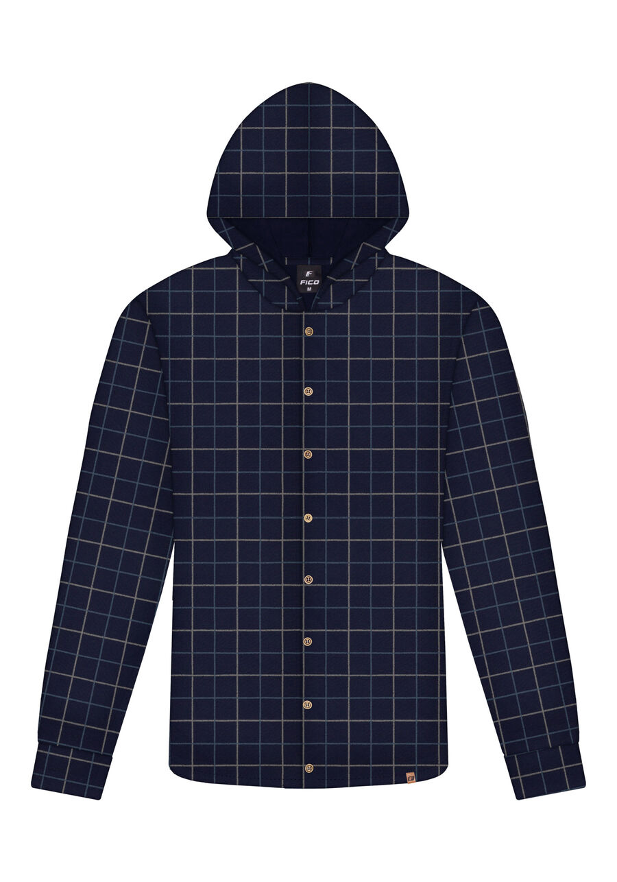 Camisa Xadrez Com Capuz Em Meia Malha Penteada De Algodão, XADREZ MARINHO. Camisa Xadrez Com Capuz Em Meia Malha Penteada De Algodão, XADREZ MARINHO, large.