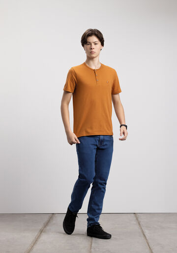 Camisa Juvenil Com Gola Padre Em Malha Listrada Texturizada, LARANJA ADVENTURE. Camisa Juvenil Com Gola Padre Em Malha Listrada Texturizada, LARANJA ADVENTURE, large.