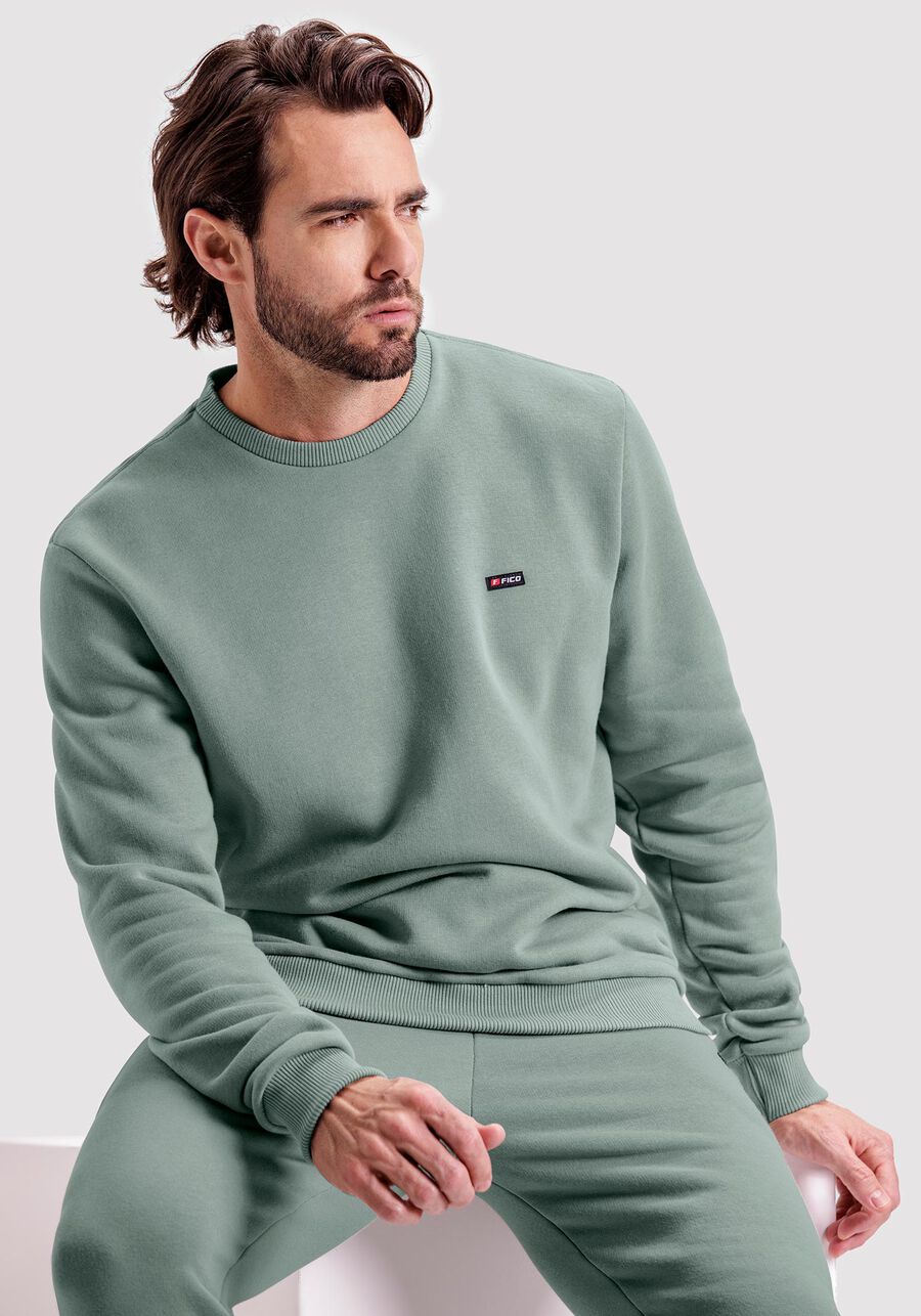 Blusão De Moletom Básico Com Gola Redonda, VERDE TEOS. Blusão De Moletom Básico Com Gola Redonda, VERDE TEOS, large.