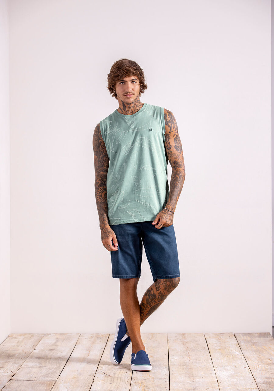 Regata Masculina em Malha com Estampa Folhas, LA BOCANA VERDE. Regata Masculina em Malha com Estampa Folhas, LA BOCANA VERDE, large.