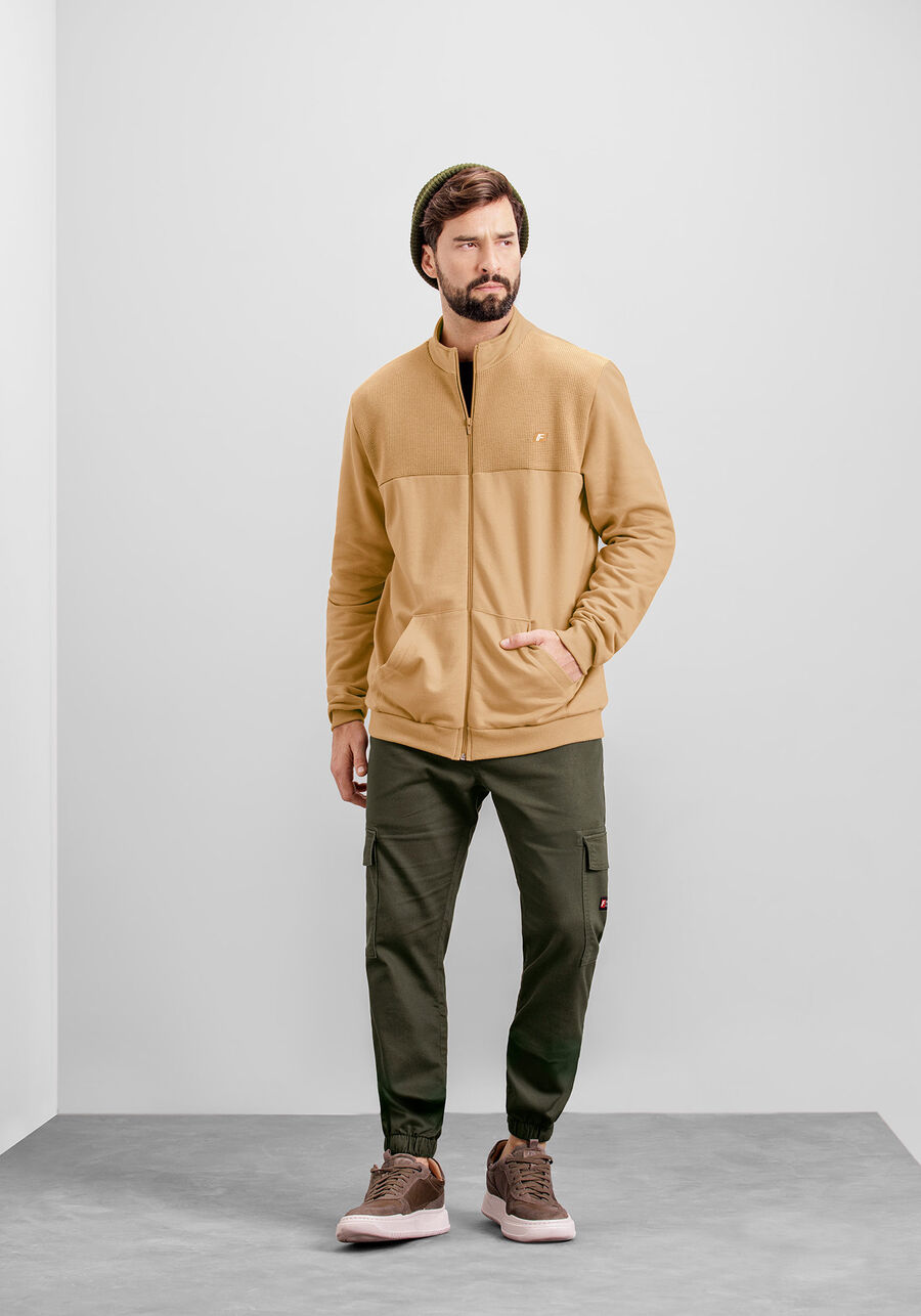 Jaqueta Bomber Masculina em Moletom com Recorte, BEGE SERGE. Jaqueta Bomber Masculina em Moletom com Recorte, BEGE SERGE, large.