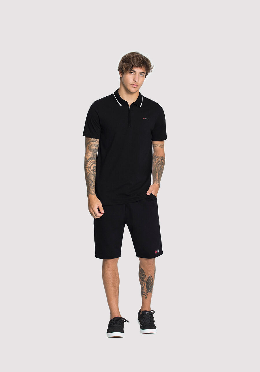 Camisa Polo Masculina em Malha com Zíper, PRETO REATIVO. Camisa Polo Masculina em Malha com Zíper, PRETO REATIVO, large.